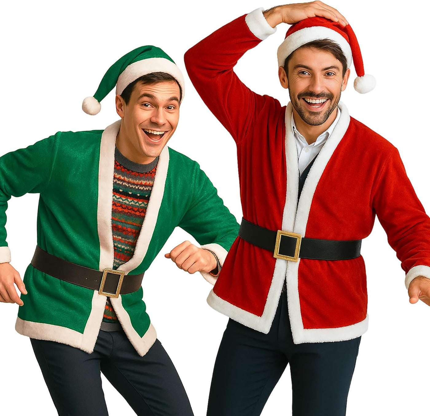 Party Santa Costume Jacket, Unisex Christmas Jacket Hat & Belt Set, Adult Holiday Outfit for Xmas Parties