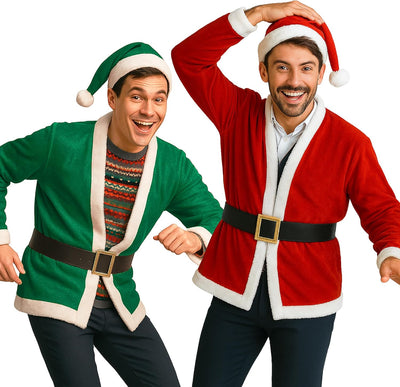 Party Santa Costume Jacket, Unisex Christmas Jacket Hat & Belt Set, Adult Holiday Outfit for Xmas Parties