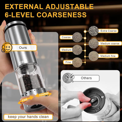 Electric Salt and Pepper Grinder Set Rechargeable, External Adjustable Coarseness, Automatic Salt & Pepper Shakers Mills, Kitchen Gadgets,Stocking Stuffers Christmas Cooking Gifts for Adults Men Women