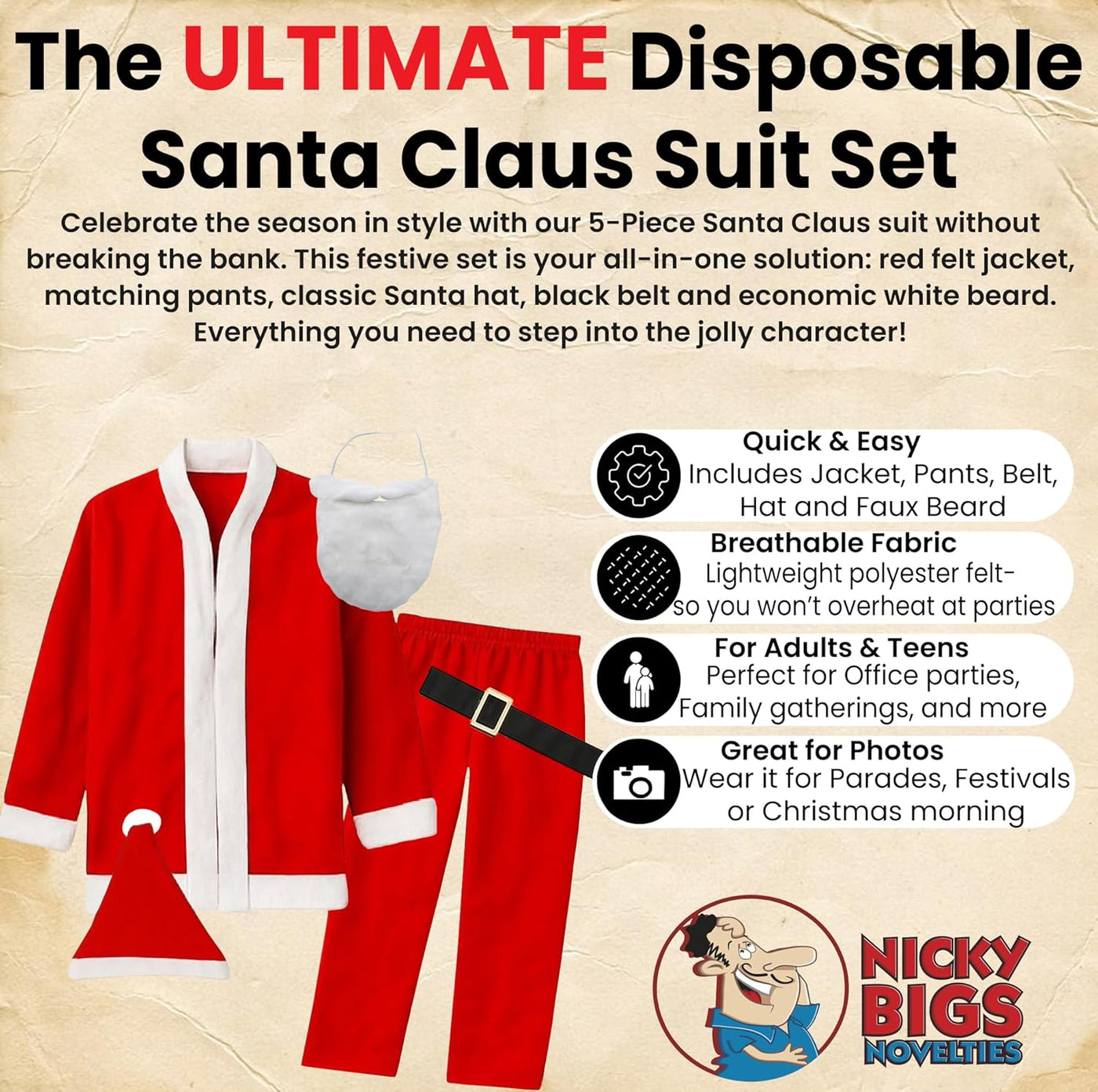 Santa Claus Costume for Men Women Disposable Santas Claus Suit for Adults 5Pc Set Christmas Bar Pub Crawl Suit Outfit Hat Belt Beard Jacket Pants Hat