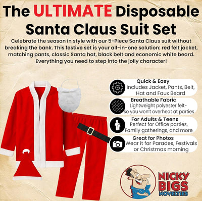 Santa Claus Costume for Men Women Disposable Santas Claus Suit for Adults 5Pc Set Christmas Bar Pub Crawl Suit Outfit Hat Belt Beard Jacket Pants Hat