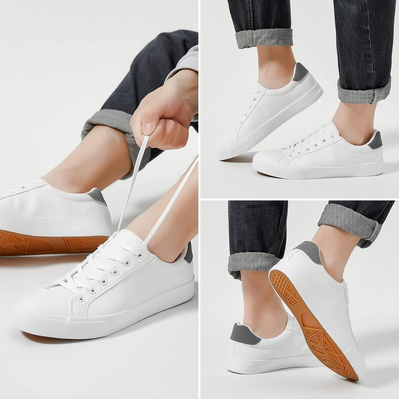 Mens White Tennis Shoes Low Top Fashion Sneakers PU Leather Casual Shoe for Men