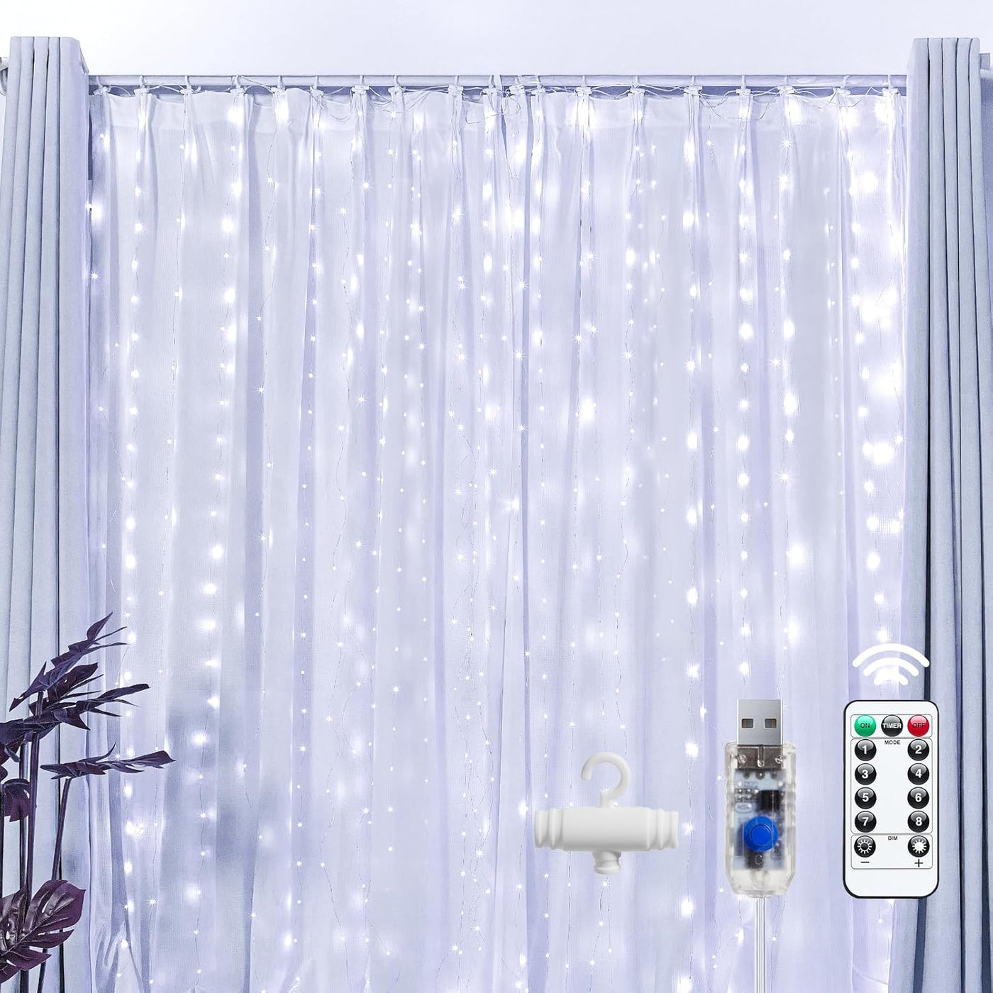 300 LED Fairy Curtain Lights, 9.8Ft X 9.8Ft Warm White Curtain String Lights, USB Plug in 8 Lighting Modes Christmas Decoration, Hanging Lights with Remote for Bedroom Indoor Weddings Dorm