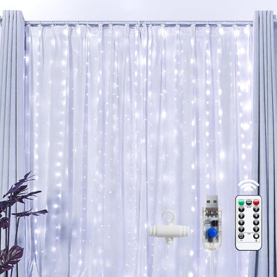 300 LED Fairy Curtain Lights, 9.8Ft X 9.8Ft Warm White Curtain String Lights, USB Plug in 8 Lighting Modes Christmas Decoration, Hanging Lights with Remote for Bedroom Indoor Weddings Dorm
