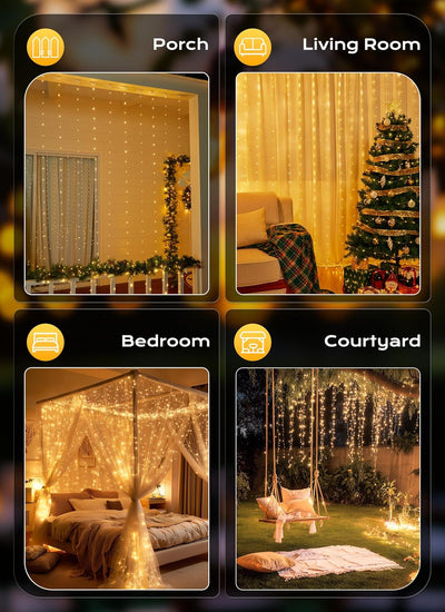 300 LED Fairy Curtain Lights, 9.8Ft X 9.8Ft Warm White Curtain String Lights, USB Plug in 8 Lighting Modes Christmas Decoration, Hanging Lights with Remote for Bedroom Indoor Weddings Dorm
