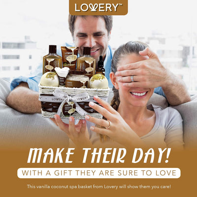 Gifts for Women Gift Basket for Women– 9 Piece Christmas Gifts Set of Vanilla Coconut Home Spa Set, Includes Fragrant Lotions, Extra Large Bath Bombs, Coconut Oil, Luxurious Holiday Bath & Body Sets