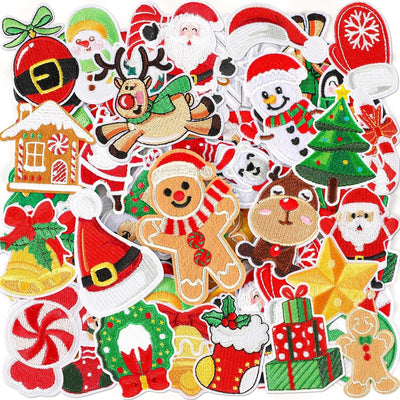 60Pcs Christmas Iron on Patches Random Assorted Styles Xmas Embroidered Sew Applique Repair Patch Santa Claus Christmas Tree Wreath Snowman Elk Angel Reindeer Candy Cane DIY Crafts for Clothing