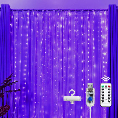 300 LED Fairy Curtain Lights, 9.8Ft X 9.8Ft Warm White Curtain String Lights, USB Plug in 8 Lighting Modes Christmas Decoration, Hanging Lights with Remote for Bedroom Indoor Weddings Dorm