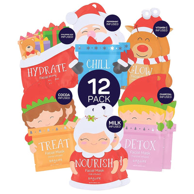 Beauty Holiday Treats Christmas Face Mask Bundle | Korean Facial Mask | Hydrating, Soothing and Moisturizing Sheet Mask Set | Stocking Stuffers for Women | Bulk Christmas Gifts | 12 Pack