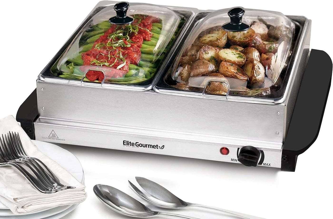 EWM-6171 Triple 3 X 2.5 Qt. Trays, Buffet Server, Food Warmer Temperature Control, Clear Slotted Lids, Perfect for Parties, Entertaining & Holidays, 7.5 Qt Total, Stainless Steel