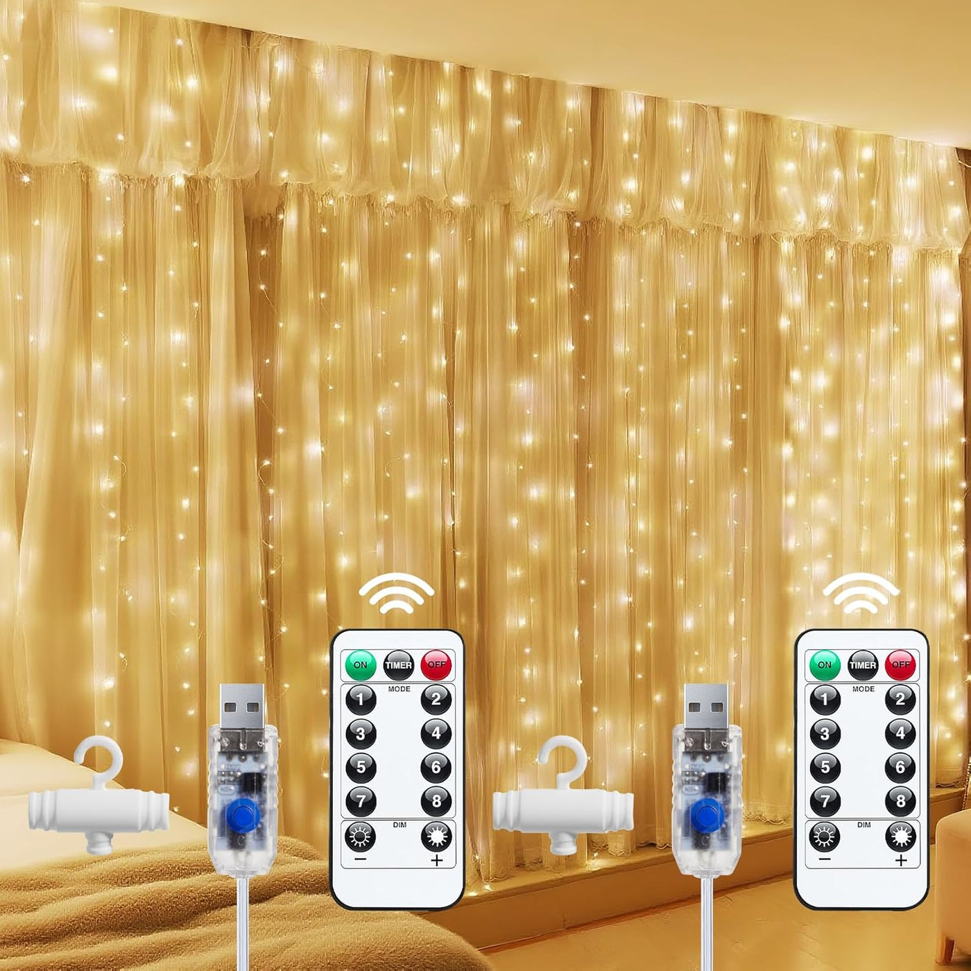 300 LED Fairy Curtain Lights, 9.8Ft X 9.8Ft Warm White Curtain String Lights, USB Plug in 8 Lighting Modes Christmas Decoration, Hanging Lights with Remote for Bedroom Indoor Weddings Dorm