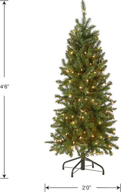 4.5 Ft Pre-Lit Kingswood Fir Slim Artificial Christmas Tree, 150 Clear Lights, 330 Tips, Includes Stand, Green
