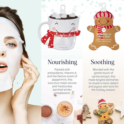 Beauty Holiday Treats Christmas Face Mask Bundle | Korean Facial Mask | Hydrating, Soothing and Moisturizing Sheet Mask Set | Stocking Stuffers for Women | Bulk Christmas Gifts | 12 Pack