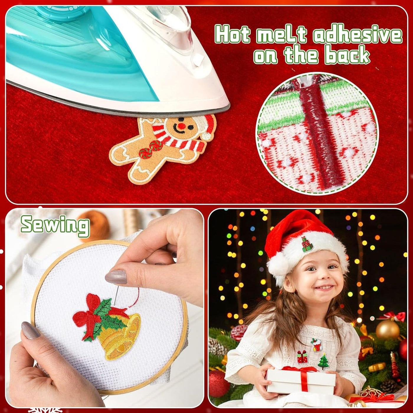 60Pcs Christmas Iron on Patches Random Assorted Styles Xmas Embroidered Sew Applique Repair Patch Santa Claus Christmas Tree Wreath Snowman Elk Angel Reindeer Candy Cane DIY Crafts for Clothing