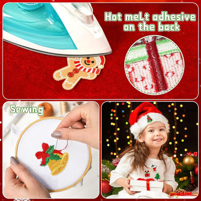 60Pcs Christmas Iron on Patches Random Assorted Styles Xmas Embroidered Sew Applique Repair Patch Santa Claus Christmas Tree Wreath Snowman Elk Angel Reindeer Candy Cane DIY Crafts for Clothing