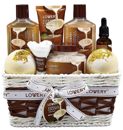 Gifts for Women Gift Basket for Women– 9 Piece Christmas Gifts Set of Vanilla Coconut Home Spa Set, Includes Fragrant Lotions, Extra Large Bath Bombs, Coconut Oil, Luxurious Holiday Bath & Body Sets