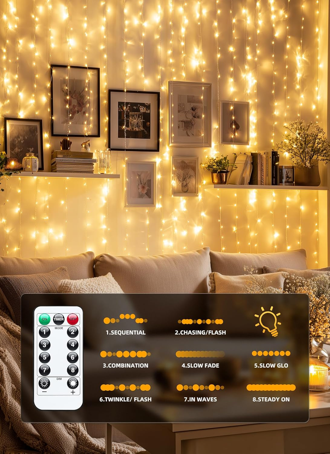 300 LED Fairy Curtain Lights, 9.8Ft X 9.8Ft Warm White Curtain String Lights, USB Plug in 8 Lighting Modes Christmas Decoration, Hanging Lights with Remote for Bedroom Indoor Weddings Dorm
