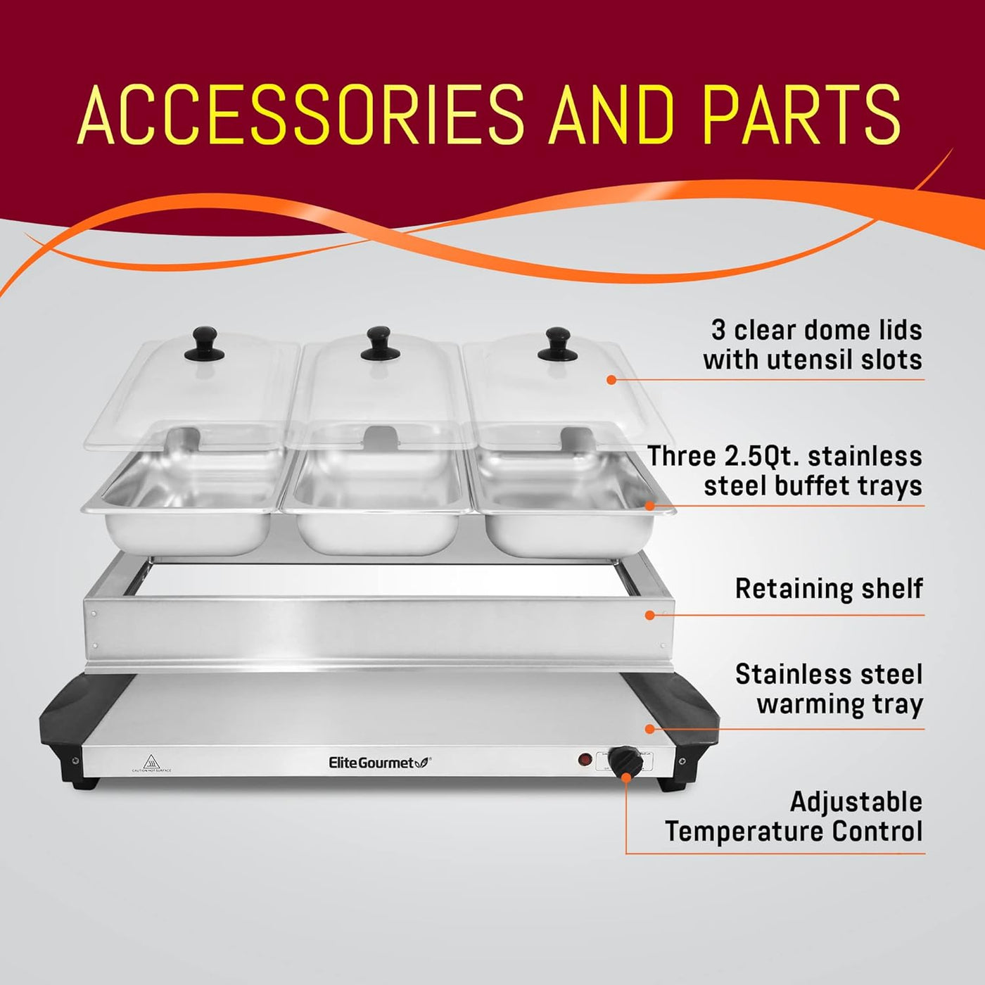 EWM-6171 Triple 3 X 2.5 Qt. Trays, Buffet Server, Food Warmer Temperature Control, Clear Slotted Lids, Perfect for Parties, Entertaining & Holidays, 7.5 Qt Total, Stainless Steel
