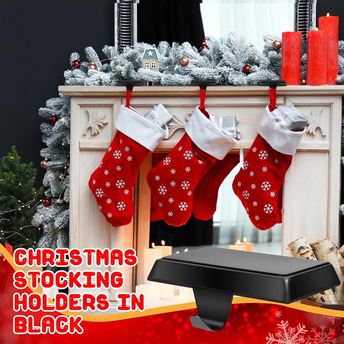 6 Pack Metal Christmas Stocking Holders for Mantle Heavy Duty Stocking Hangers Stocking Hook Christmas Ornaments for Counter Tables Window Fireplace Mantle Decoration (Black)