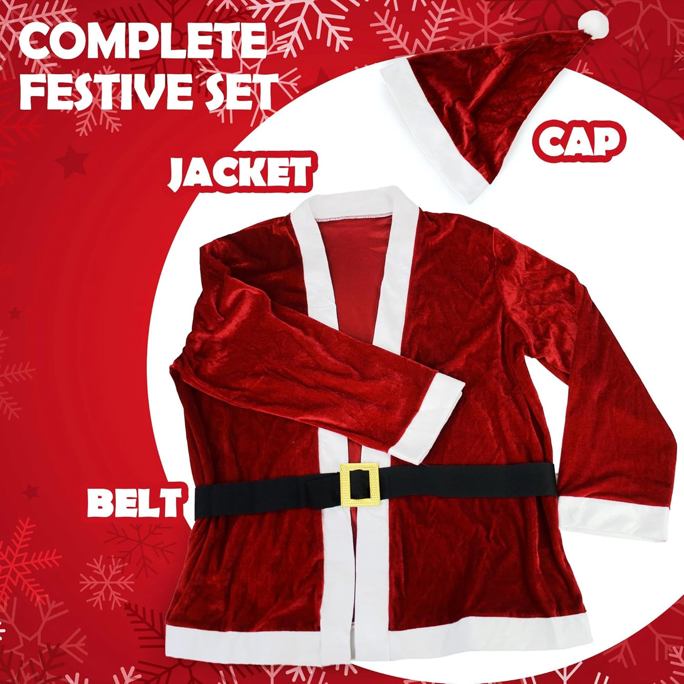Party Santa Costume Jacket, Unisex Christmas Jacket Hat & Belt Set, Adult Holiday Outfit for Xmas Parties
