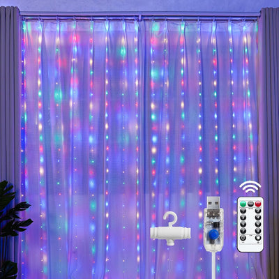 300 LED Fairy Curtain Lights, 9.8Ft X 9.8Ft Warm White Curtain String Lights, USB Plug in 8 Lighting Modes Christmas Decoration, Hanging Lights with Remote for Bedroom Indoor Weddings Dorm