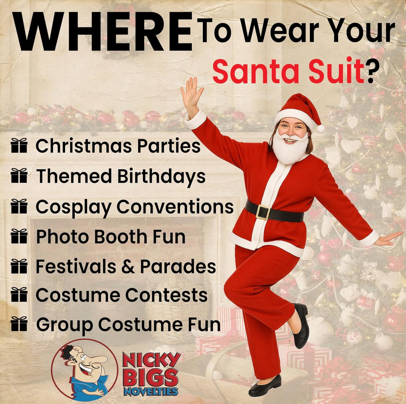 Santa Claus Costume for Men Women Disposable Santas Claus Suit for Adults 5Pc Set Christmas Bar Pub Crawl Suit Outfit Hat Belt Beard Jacket Pants Hat