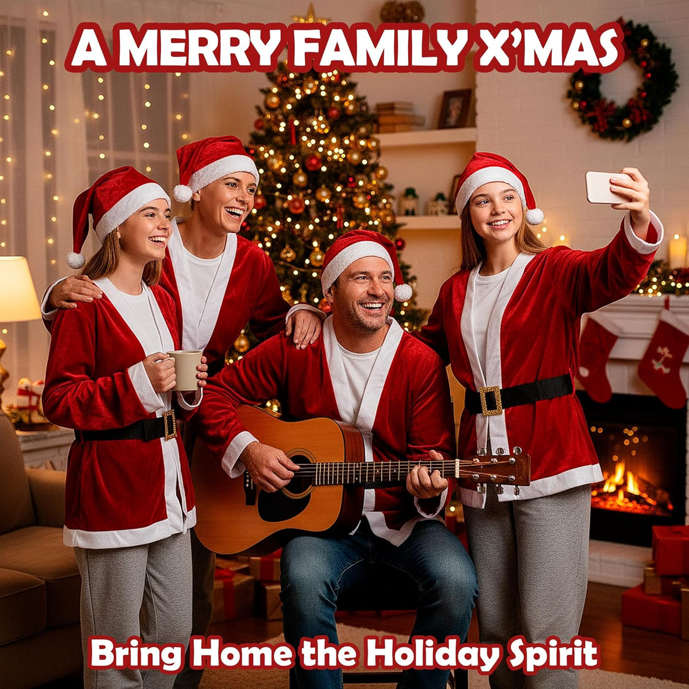 Party Santa Costume Jacket, Unisex Christmas Jacket Hat & Belt Set, Adult Holiday Outfit for Xmas Parties