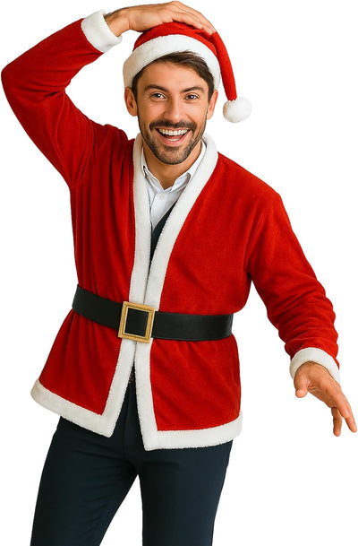 Party Santa Costume Jacket, Unisex Christmas Jacket Hat & Belt Set, Adult Holiday Outfit for Xmas Parties