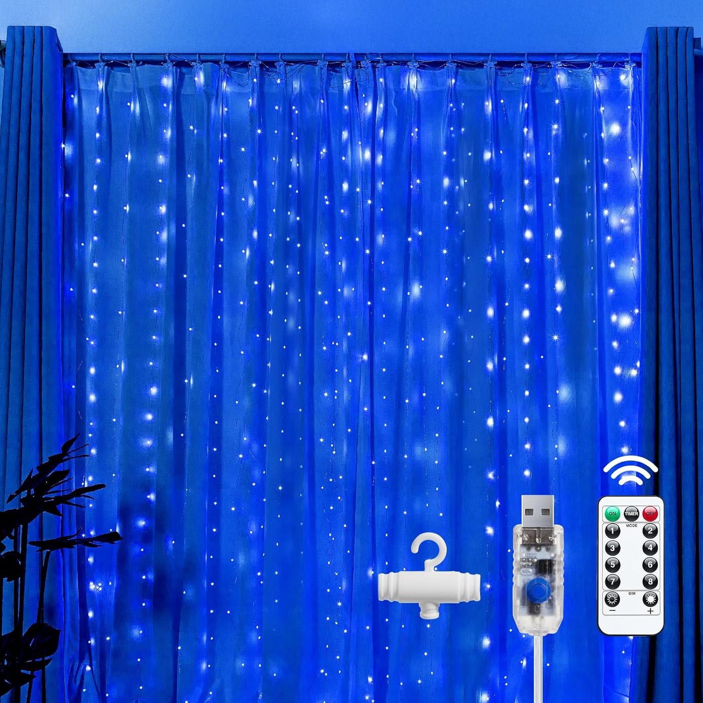 300 LED Fairy Curtain Lights, 9.8Ft X 9.8Ft Warm White Curtain String Lights, USB Plug in 8 Lighting Modes Christmas Decoration, Hanging Lights with Remote for Bedroom Indoor Weddings Dorm