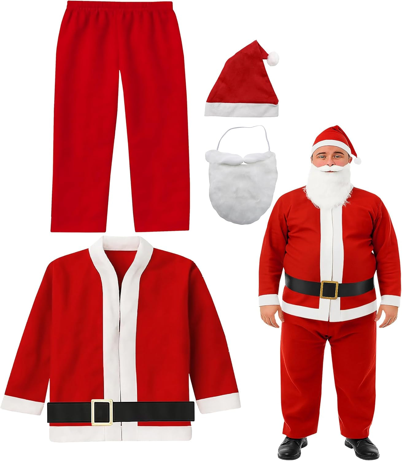 Santa Claus Costume for Men Women Disposable Santas Claus Suit for Adults 5Pc Set Christmas Bar Pub Crawl Suit Outfit Hat Belt Beard Jacket Pants Hat