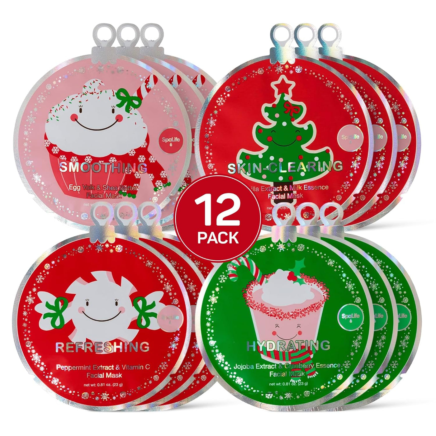 Beauty Holiday Treats Christmas Face Mask Bundle | Korean Facial Mask | Hydrating, Soothing and Moisturizing Sheet Mask Set | Stocking Stuffers for Women | Bulk Christmas Gifts | 12 Pack