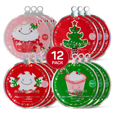Beauty Holiday Treats Christmas Face Mask Bundle | Korean Facial Mask | Hydrating, Soothing and Moisturizing Sheet Mask Set | Stocking Stuffers for Women | Bulk Christmas Gifts | 12 Pack