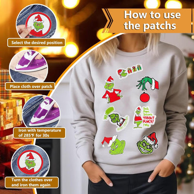 9Pcs Christmas Iron on Patches, Embroidered Sew Applique Repair Patch for T-Shirts Hats Backpacks Clothing, Sew On/Iron on Patch Applique for Christmas Decoration DIY Accessories (Green)