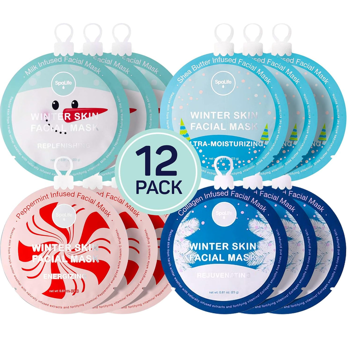 Beauty Holiday Treats Christmas Face Mask Bundle | Korean Facial Mask | Hydrating, Soothing and Moisturizing Sheet Mask Set | Stocking Stuffers for Women | Bulk Christmas Gifts | 12 Pack