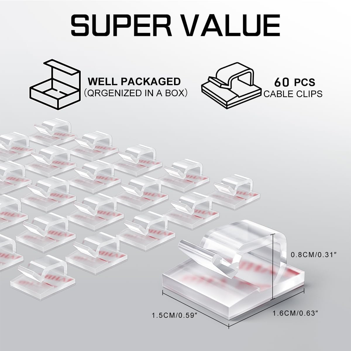 60Pcs Christmas Light Clips, Hooks for Outdoor String Lights Clips, Adhesive Cord Organizer Hooks, Sticky Wire Holder for Hanging Christmas Lights, Wall Cable, Fairy Lights (Clear, Small)