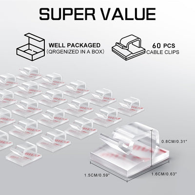 60Pcs Christmas Light Clips, Hooks for Outdoor String Lights Clips, Adhesive Cord Organizer Hooks, Sticky Wire Holder for Hanging Christmas Lights, Wall Cable, Fairy Lights (Clear, Small)