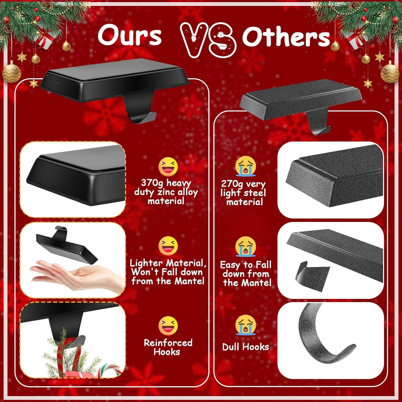 6 Pack Metal Christmas Stocking Holders for Mantle Heavy Duty Stocking Hangers Stocking Hook Christmas Ornaments for Counter Tables Window Fireplace Mantle Decoration (Black)