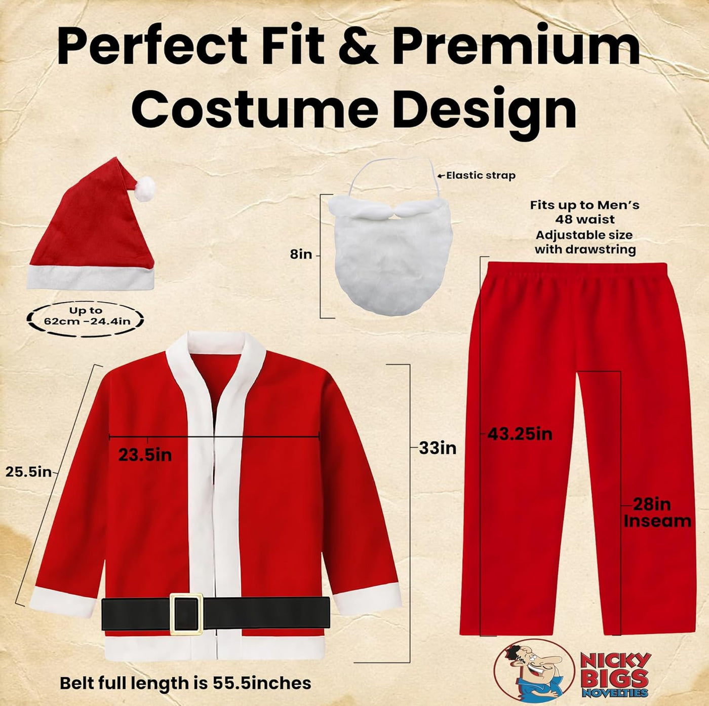 Santa Claus Costume for Men Women Disposable Santas Claus Suit for Adults 5Pc Set Christmas Bar Pub Crawl Suit Outfit Hat Belt Beard Jacket Pants Hat