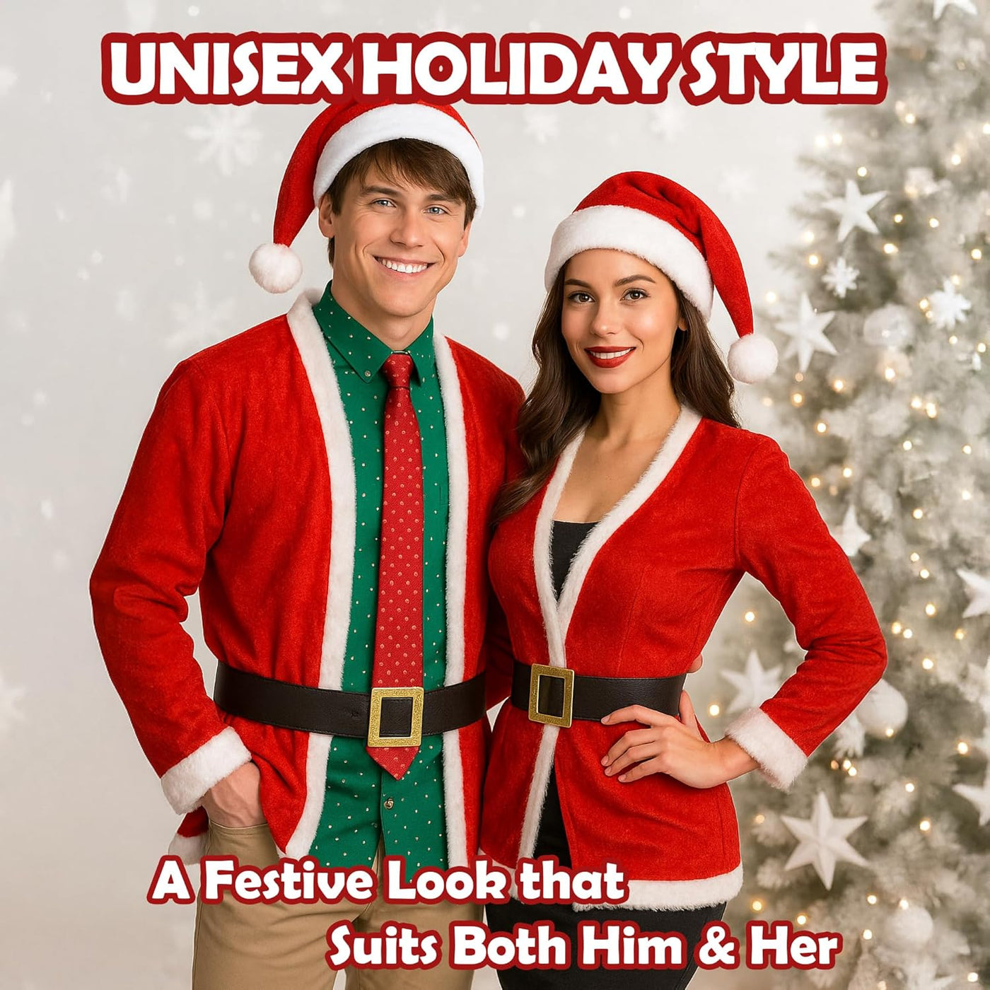 Party Santa Costume Jacket, Unisex Christmas Jacket Hat & Belt Set, Adult Holiday Outfit for Xmas Parties