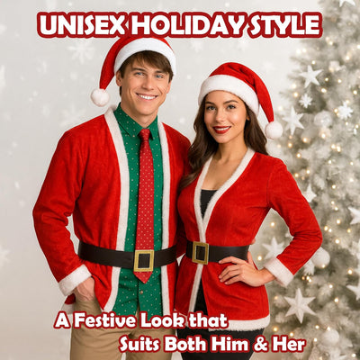 Party Santa Costume Jacket, Unisex Christmas Jacket Hat & Belt Set, Adult Holiday Outfit for Xmas Parties