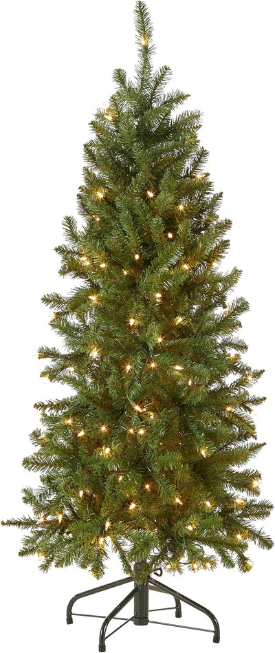4.5 Ft Pre-Lit Kingswood Fir Slim Artificial Christmas Tree, 150 Clear Lights, 330 Tips, Includes Stand, Green