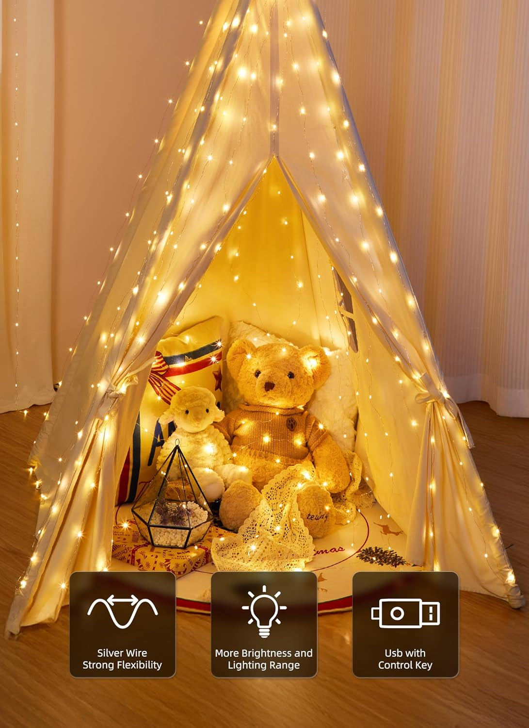 300 LED Fairy Curtain Lights, 9.8Ft X 9.8Ft Warm White Curtain String Lights, USB Plug in 8 Lighting Modes Christmas Decoration, Hanging Lights with Remote for Bedroom Indoor Weddings Dorm