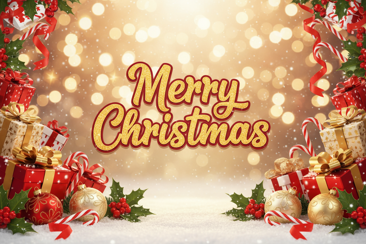 “Create a bright and cheerful Christmas banner for a Shopify store, sized 1200x400. Use a snowy winter background with sparkling lights, holly leaves, and festive decorations. Include cute Christmas elements such as gift boxes, candy canes, and ornaments. Use a vibrant red-and-gold color scheme. Add the text ‘Merry Christmas’ in a bold, joyful holiday font, making it the main focus of the design. The overall style should feel warm, festive, and welcoming.