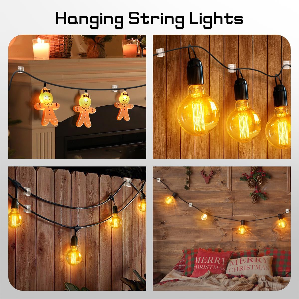 60Pcs Christmas Light Clips, Hooks for Outdoor String Lights Clips, Adhesive Cord Organizer Hooks, Sticky Wire Holder for Hanging Christmas Lights, Wall Cable, Fairy Lights (Clear, Small)