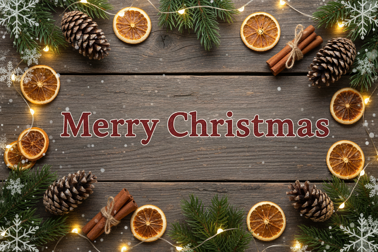 “Design a cozy Christmas banner for a Shopify store, sized 1200x400. Create a warm, rustic holiday atmosphere using wooden textures, pine cones, cinnamon sticks, and soft string lights. Add gentle snowflakes around the edges. Use warm red, green, and natural earthy tones. Place the text ‘Merry Christmas’ in a handcrafted, cozy-style font at the center. The overall feel should be inviting, warm, and festive.”