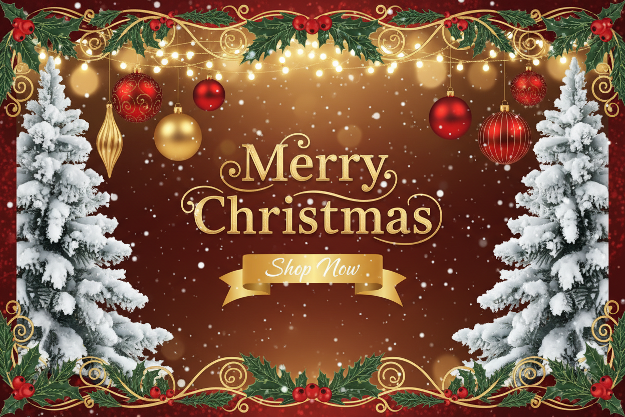 “Design a festive Christmas banner for a Shopify store, sized 1200x400. The banner should feature a warm holiday aesthetic with snowflakes, pine trees, ornaments, soft glowing lights, and a cozy winter atmosphere. Use a classic Christmas color palette of red, green, and gold. Place the text ‘Merry Christmas’ prominently in the center in an elegant, decorative font. Make the overall design joyful, inviting, and visually appealing for holiday shoppers.”