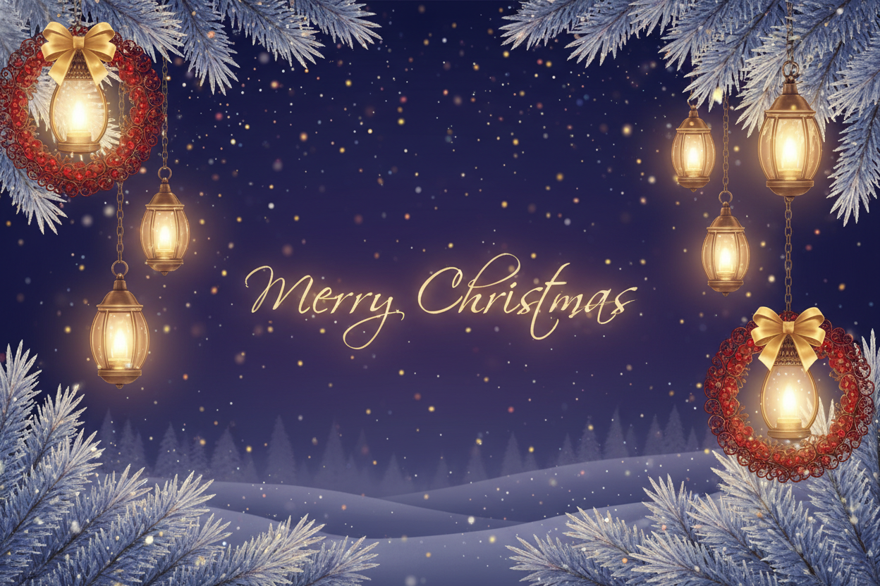 Design a magical Christmas banner for a Shopify store, sized 1200x400. Use a nighttime winter scene with softly falling snow, glowing lanterns, and twinkling stars. Incorporate subtle Christmas elements like pine branches, wreaths, and golden sparkles. Use a deep red and warm gold color palette. Place the text ‘Merry Christmas’ in an elegant, glowing script font centered on the banner. The overall style should feel enchanting, warm, and festive.”