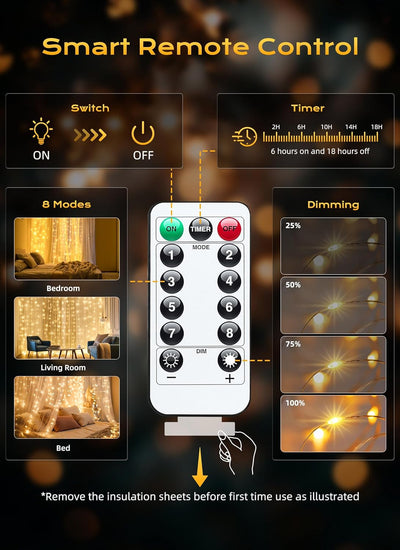 300 LED Fairy Curtain Lights, 9.8Ft X 9.8Ft Warm White Curtain String Lights, USB Plug in 8 Lighting Modes Christmas Decoration, Hanging Lights with Remote for Bedroom Indoor Weddings Dorm