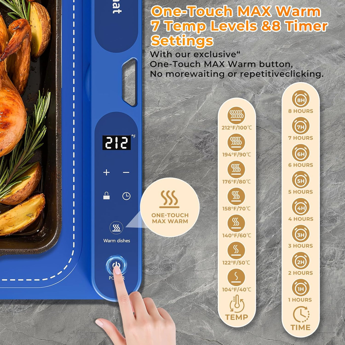 Warming Mat for Food Extra Large 32"X15", Electric Silicone Food Warmer Trays for Chafing Dishes & Buffet,Portable Countertop Food Warmers for Parties, 7-Level Temp 8-Hour Timer， Blue