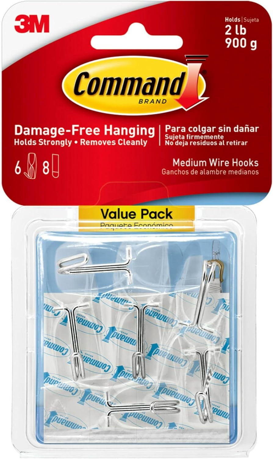 Medium Clear Wire Toggle Hooks,10 Wall Hooks and 12  Strips, Damage-Free Hanging with Adhesive, Great for Hanging Christmas Decorations, Holds up to 2 Lb